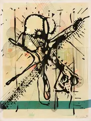 Markus Oehlen, Untitled, 1993, Dispersion, felttip pen and varnish on printed muslin