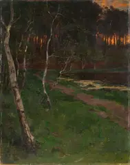 Walter Leistikow, Birken am Seeufer bei untergehender Sonne, Circa 1892-1894, Oil on canvas, mounted on artist's board