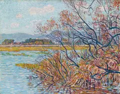 Paul Baum, Überschwemmung bei Hyères mit Baumgestrüpp und Schilfgras am Ufer, Circa 1900, Oil on canvas