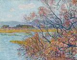 Paul Baum, Überschwemmung bei Hyères mit Baumgestrüpp und Schilfgras am Ufer, Circa 1900, Oil on canvas
