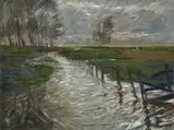 Theo von Brockhusen, Luchlandschaft (Wustrov - Langen). Verso: Kühe auf der Weide