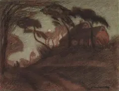 Otto Modersohn, Mondaufgang in Worpswede, Probably circa 1900, Coloured chalk on paper, laid down on card backing, probably by the artist