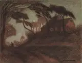 Otto Modersohn, Mondaufgang in Worpswede, Probably circa 1900, Coloured chalk on paper, laid down on card backing, probably by the artist