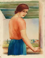 Georg Schrimpf, Mädchen am Fenster, 1927, Watercolour over pencil on chamois-coloured, fabric structured wove paper