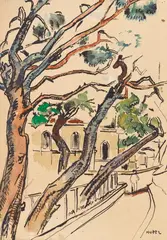 Straßenszene mit Bäumen by Mela Muter, Watercolour, gouache and pen and ink on wove paper, sold Dec 2023