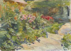 Max Liebermann, Blumenstauden am Gärtnerhaus nach Osten, Circa 1928, Oil on canvas