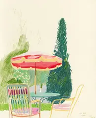 David Hockney, Grand Hotel Terrace, Vittel, 1970, Coloured pencil and wax crayon on card