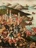 Ambush on a Monastry by South German School, circa 1570 & 1580, Oil on panel (parquetted), sold Nov 2023