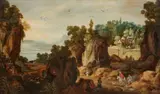 Philippe de Momper, Rocky landscape with a view of a village, Oil on panel (parquetted)