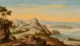 Monogrammist Sc, Mediterranean River Landscape with a Fortress on a Rock, Oil on panel (parquetted)