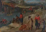 attributed to Jan Brueghel the Younger, Winter Village Landscape with Skaters, Oil on panel