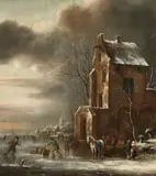 Klaes (Nicolaes) Molenaer, Winter Landscape with Skaters by a City, Oil on panel (parquetted)