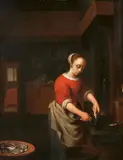 Reynier Covyn, Kitchen Interior with a Maid Cleaning a Fish, Oil on panel