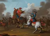A Pair of Battle Scenes by circle of Anthonie Palamedesz, Oil on panel. Each, offered Nov 2023