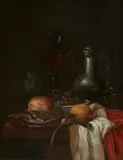 A Herring on a Pewter Plate, a Loaf of Bread, Grapes in a Porcelain Bowl, a Glass Goblet, a Pewter Jug and Other Objects on a Set Table by follower of Willem Kalf, Oil on canvas (relined), offered Nov 2023