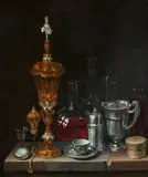 attributed to André Bouys, Still Life with Glass Bottles, Goblets, Silver Vessels, a Pocket Watch, a Porcelain Cup and Other Objects on a Table, Oil on canvas (relined)