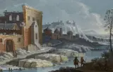 attributed to Franz de Paula Ferg, River Landscape with Buildings, Oil on panel