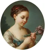 French School 18th century, Young Girl, Binding Flowers, Oil on canvas (relined)