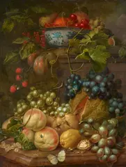 Fruit Still Life with Peaches, Grapes, Melon, Pears, Currants, Raspberries, Plums, Cherries and a Porcelain Bowl by Netherlandish School 18th century, Oil on panel, offered Nov 2023
