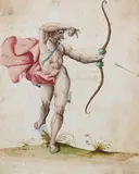 attributed to Jacopo Ligozzi, Archer, Pen and ink in brown, watercolour and gold paint on textured paper