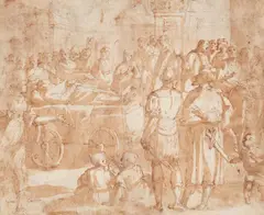 attributed to Bernardo Castello, Historical Scene, Pen and brush in brown, mounted on handmade paper