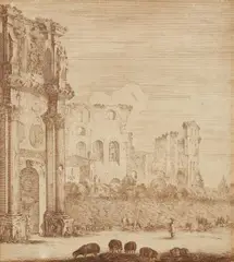 Adam Pérelle, At the Forum Romanum, Pen and brown ink on paper, mounted on cardboard