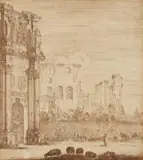 Adam Pérelle, At the Forum Romanum, Pen and brown ink on paper, mounted on cardboard