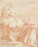 Bolognese School around 1700, The Virgin Mary appears to a monk, Red chalk and paintbrush in brown