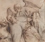 Angels accompany a dying monk by circle of Agostino Carracci, Pen in brown and chalk in black, offered Nov 2023