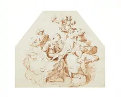 Mary with Child and Angel on Clouds by French School around 1700, Pen and brush in brown, offered Nov 2023