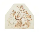 French School around 1700, Mary with Child and Angel on Clouds, Pen and brush in brown