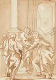 Italian School around 1700, Visitation of Mary, Pen and brush in brown over red chalk