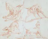Four canine studies by Alexandre Francois Desportes circle of, Red chalk on paper, sold Nov 2023