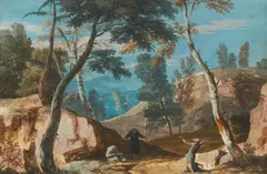 Marco Ricci, Mountainous landscape with two monks and a hermit, Gouache