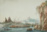 Two coastal landscapes with boats, ships and staffage figures by Christoph Heinrich Kniep, Watercolour over pencil on paper. Each, offered Nov 2023