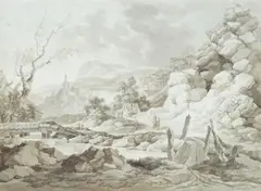 Jakob Matthias Schmutzer, Mountain stream with bridge and figures, Brush in brown