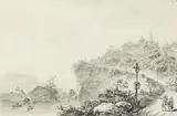 Adrian Zingg, Elbe landscape with church on a hill, Pen and brush in grey on handmade paper