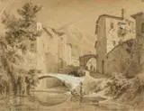 Georg Heinrich Busse, Washerwomen at the Gubbio, Pencil and chalk on paper