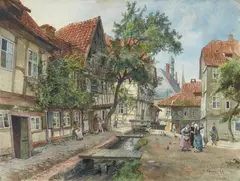 Hermann Schnee, Behind the town hall in Wernigerode, Watercolour on handmade pape