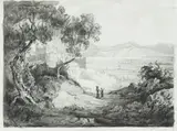 Edmund Kanoldt, Lake Fucino with the Celano Fort, Pen and brush in black and grey