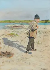 Hugo Mühlig, Young boy collecting wood, Watercolour on paper
