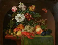 Sebastian Wegmayr, Still Life with a Lobster, Butterfly, Fruit and Flowers in a Glass Vase, Oil on canvas, mounted on hardboard