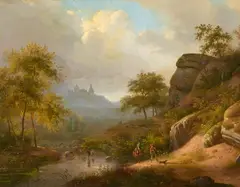 Andreas Schelfhout, Landscape with a Castle and Figures, Oil on canvas