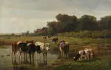 Hendrik Savrij, Cows at the Watering Place, Oil on canvas (relined)