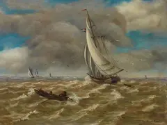 Sailing Ships at Sea by Andreas Achenbach, Oil on canvas, offered Nov 2023