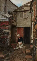 Otto Scholderer, Old Courtyard in Cornwall (Maid Cleaning Fish), Oil on canvas