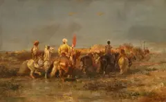 Mounted Orientals in front of a town by Adolf Schreyer, Oil on panel, offered Nov 2023