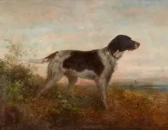 Anton Burger, Hunting Dog in a Landscape, Oil on canvas