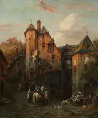 August von Wille, View of Beilstein with Soldiers by a Tavern, Oil on canvas
