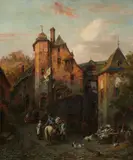 August von Wille, View of Beilstein with Soldiers by a Tavern, Oil on canvas